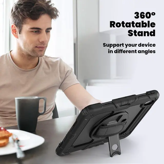 Alt view image 5 of 7 - Heavy Duty Shockproof Protective Case with Screen Protector, 360° Rotating Stand, Hand & Shoulder Strap for iPad Air 11-inch M3 (2025) / M2 (2024), iPad Air 5th / 4th Gen 10.9 Inch,Black