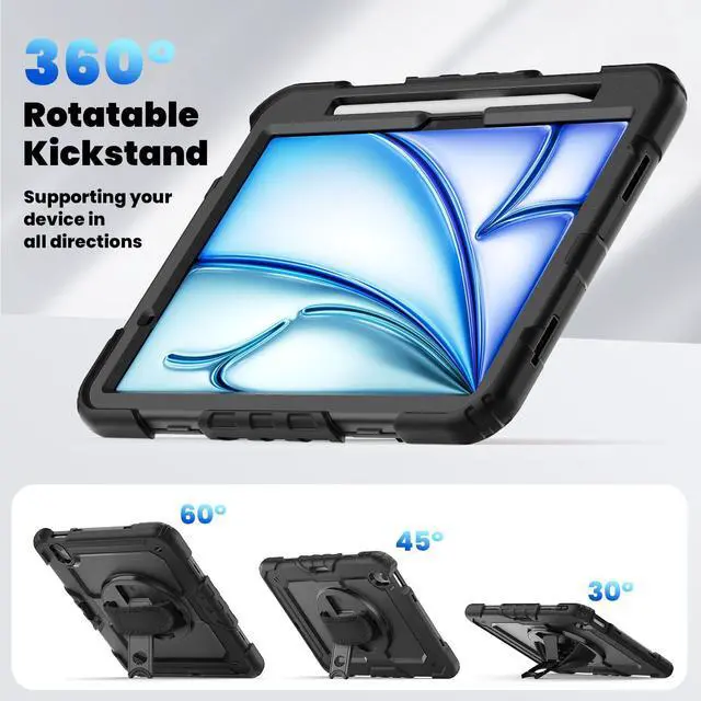 Alt view image 6 of 7 - Heavy Duty Shockproof Protective Case with Screen Protector, 360° Rotating Stand, Hand & Shoulder Strap for iPad Air 11-inch M3 (2025) / M2 (2024), iPad Air 5th / 4th Gen 10.9 Inch,Black