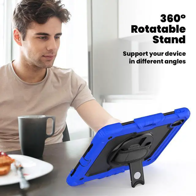 Alt view image 5 of 7 - Heavy Duty Shockproof Protective Case with Screen Protector, 360° Rotating Stand, Hand & Shoulder Strap for iPad Air 11-inch M3 (2025) / M2 (2024), iPad Air 5th / 4th Gen 10.9 Inch,Blue