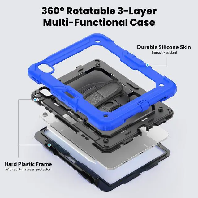 Alt view image 3 of 7 - Heavy Duty Shockproof Protective Case with Screen Protector, 360° Rotating Stand, Hand & Shoulder Strap for iPad Air 11-inch M3 (2025) / M2 (2024), iPad Air 5th / 4th Gen 10.9 Inch,Blue