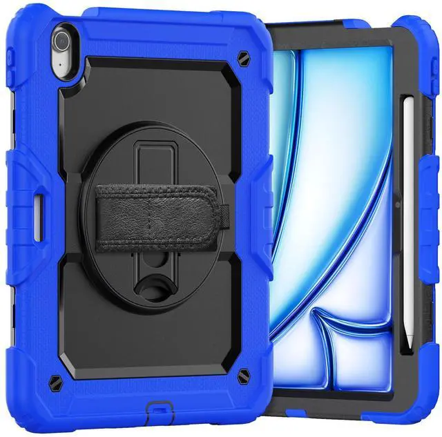 Main image of Heavy Duty Shockproof Protective Case with Screen Protector, 360° Rotating Stand, Hand & Shoulder Strap for iPad Air 11-inch M3 (2025) / M2 (2024), iPad Air 5th / 4th Gen 10.9 Inch,Blue