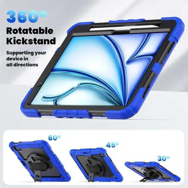 Alt view image 6 of 7 - Heavy Duty Shockproof Protective Case with Screen Protector, 360° Rotating Stand, Hand & Shoulder Strap for iPad Air 11-inch M3 (2025) / M2 (2024), iPad Air 5th / 4th Gen 10.9 Inch,Blue