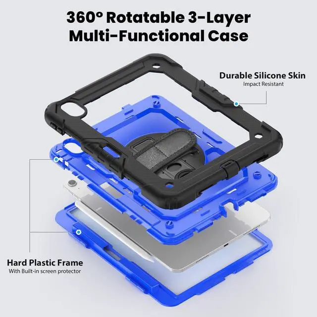Alt view image 3 of 7 - Heavy Duty Shockproof Protective Case with Screen Protector, 360° Rotating Stand, Hand & Shoulder Strap for iPad Air 11-inch M3 (2025) / M2 (2024), iPad Air 5th / 4th Gen 10.9 Inch,BluePC