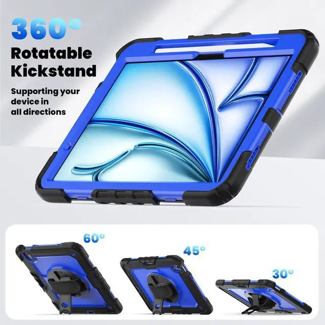 Alt view image 6 of 7 - Heavy Duty Shockproof Protective Case with Screen Protector, 360° Rotating Stand, Hand & Shoulder Strap for iPad Air 11-inch M3 (2025) / M2 (2024), iPad Air 5th / 4th Gen 10.9 Inch,BluePC