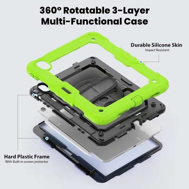 Alt view image 3 of 7 - Heavy Duty Shockproof Protective Case with Screen Protector, 360° Rotating Stand, Hand & Shoulder Strap for iPad Air 11-inch M3 (2025) / M2 (2024), iPad Air 5th / 4th Gen 10.9 Inch,Green