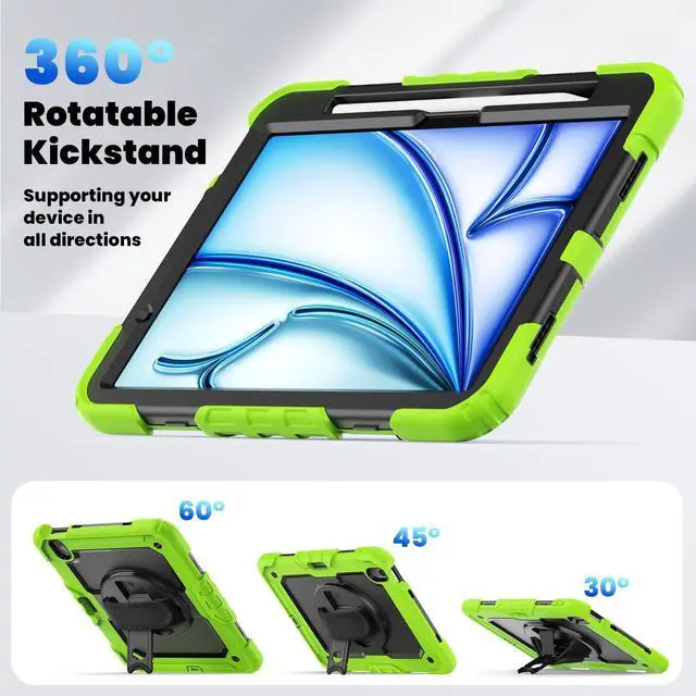 Alt view image 6 of 7 - Heavy Duty Shockproof Protective Case with Screen Protector, 360° Rotating Stand, Hand & Shoulder Strap for iPad Air 11-inch M3 (2025) / M2 (2024), iPad Air 5th / 4th Gen 10.9 Inch,Green