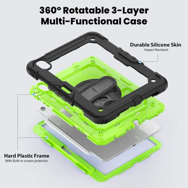 Alt view image 3 of 7 - Heavy Duty Shockproof Protective Case with Screen Protector, 360° Rotating Stand, Hand & Shoulder Strap for iPad Air 11-inch M3 (2025) / M2 (2024), iPad Air 5th / 4th Gen 10.9 Inch,GreenPC