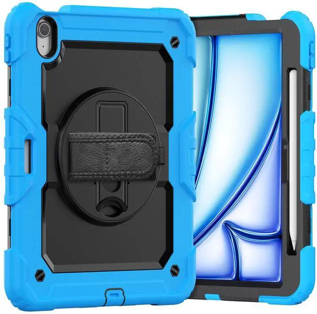 Main image of Heavy Duty Shockproof Protective Case with Screen Protector, 360° Rotating Stand, Hand & Shoulder Strap for iPad Air 11-inch M3 (2025) / M2 (2024), iPad Air 5th / 4th Gen 10.9 Inch,Light Blue