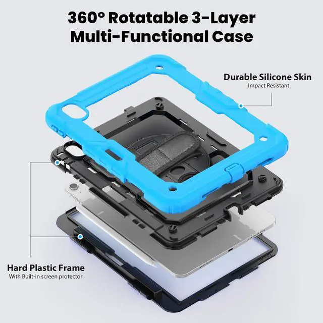 Alt view image 3 of 7 - Heavy Duty Shockproof Protective Case with Screen Protector, 360° Rotating Stand, Hand & Shoulder Strap for iPad Air 11-inch M3 (2025) / M2 (2024), iPad Air 5th / 4th Gen 10.9 Inch,Light Blue