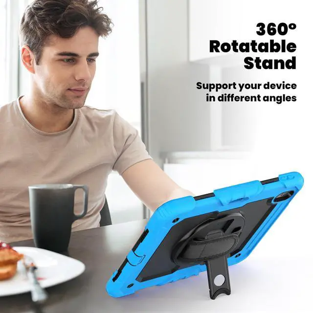Alt view image 5 of 7 - Heavy Duty Shockproof Protective Case with Screen Protector, 360° Rotating Stand, Hand & Shoulder Strap for iPad Air 11-inch M3 (2025) / M2 (2024), iPad Air 5th / 4th Gen 10.9 Inch,Light Blue