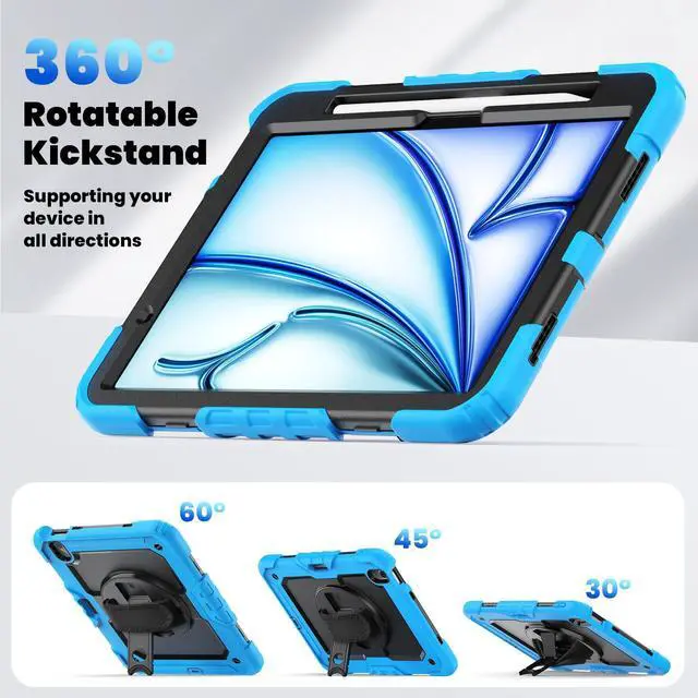 Alt view image 6 of 7 - Heavy Duty Shockproof Protective Case with Screen Protector, 360° Rotating Stand, Hand & Shoulder Strap for iPad Air 11-inch M3 (2025) / M2 (2024), iPad Air 5th / 4th Gen 10.9 Inch,Light Blue