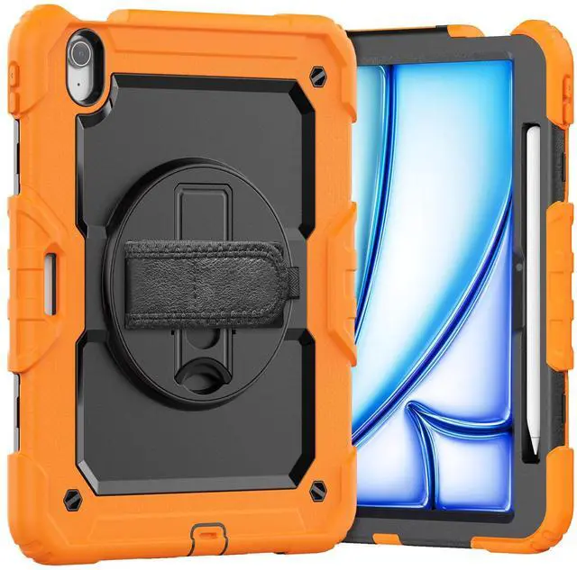 Main image of Heavy Duty Shockproof Protective Case with Screen Protector, 360° Rotating Stand, Hand & Shoulder Strap for iPad Air 11-inch M3 (2025) / M2 (2024), iPad Air 5th / 4th Gen 10.9 Inch,Orange