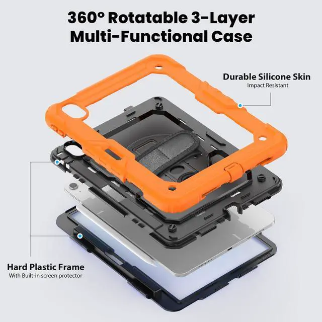 Alt view image 3 of 7 - Heavy Duty Shockproof Protective Case with Screen Protector, 360° Rotating Stand, Hand & Shoulder Strap for iPad Air 11-inch M3 (2025) / M2 (2024), iPad Air 5th / 4th Gen 10.9 Inch,Orange