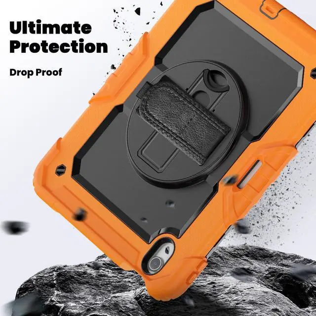 Alt view image 4 of 7 - Heavy Duty Shockproof Protective Case with Screen Protector, 360° Rotating Stand, Hand & Shoulder Strap for iPad Air 11-inch M3 (2025) / M2 (2024), iPad Air 5th / 4th Gen 10.9 Inch,Orange