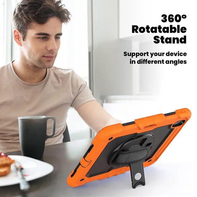 Alt view image 5 of 7 - Heavy Duty Shockproof Protective Case with Screen Protector, 360° Rotating Stand, Hand & Shoulder Strap for iPad Air 11-inch M3 (2025) / M2 (2024), iPad Air 5th / 4th Gen 10.9 Inch,Orange