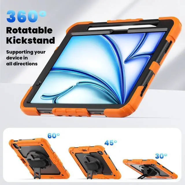 Alt view image 6 of 7 - Heavy Duty Shockproof Protective Case with Screen Protector, 360° Rotating Stand, Hand & Shoulder Strap for iPad Air 11-inch M3 (2025) / M2 (2024), iPad Air 5th / 4th Gen 10.9 Inch,Orange