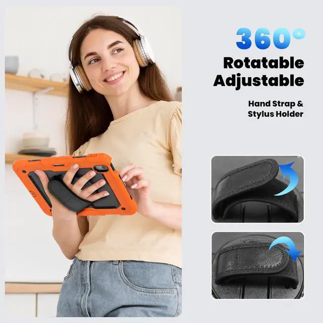 Alt view image 7 of 7 - Heavy Duty Shockproof Protective Case with Screen Protector, 360° Rotating Stand, Hand & Shoulder Strap for iPad Air 11-inch M3 (2025) / M2 (2024), iPad Air 5th / 4th Gen 10.9 Inch,Orange