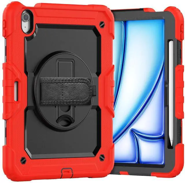 Main image of Heavy Duty Shockproof Protective Case with Screen Protector, 360° Rotating Stand, Hand & Shoulder Strap for iPad Air 11-inch M3 (2025) / M2 (2024), iPad Air 5th / 4th Gen 10.9 Inch,Red