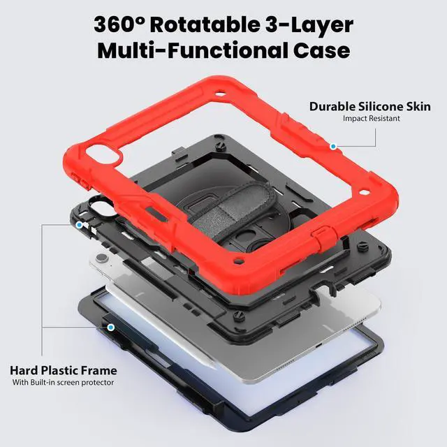 Alt view image 3 of 7 - Heavy Duty Shockproof Protective Case with Screen Protector, 360° Rotating Stand, Hand & Shoulder Strap for iPad Air 11-inch M3 (2025) / M2 (2024), iPad Air 5th / 4th Gen 10.9 Inch,Red
