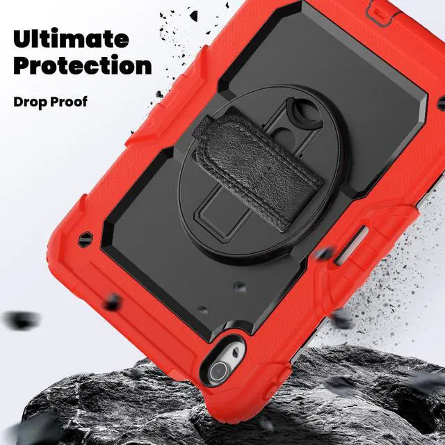 Alt view image 4 of 7 - Heavy Duty Shockproof Protective Case with Screen Protector, 360° Rotating Stand, Hand & Shoulder Strap for iPad Air 11-inch M3 (2025) / M2 (2024), iPad Air 5th / 4th Gen 10.9 Inch,Red