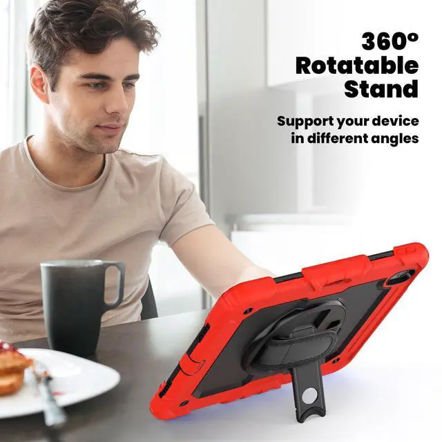 Alt view image 5 of 7 - Heavy Duty Shockproof Protective Case with Screen Protector, 360° Rotating Stand, Hand & Shoulder Strap for iPad Air 11-inch M3 (2025) / M2 (2024), iPad Air 5th / 4th Gen 10.9 Inch,Red