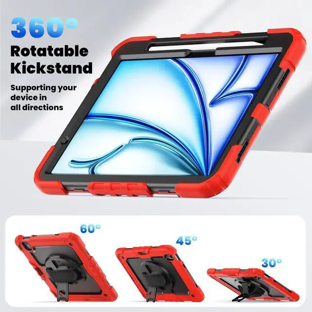 Alt view image 6 of 7 - Heavy Duty Shockproof Protective Case with Screen Protector, 360° Rotating Stand, Hand & Shoulder Strap for iPad Air 11-inch M3 (2025) / M2 (2024), iPad Air 5th / 4th Gen 10.9 Inch,Red