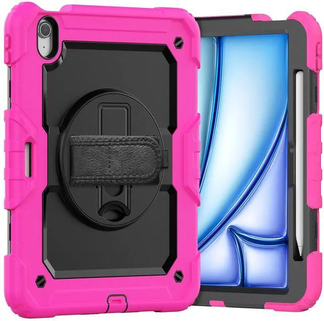 Main image of Heavy Duty Shockproof Protective Case with Screen Protector, 360° Rotating Stand, Hand & Shoulder Strap for iPad Air 11-inch M3 (2025) / M2 (2024), iPad Air 5th / 4th Gen 10.9 Inch,Rose