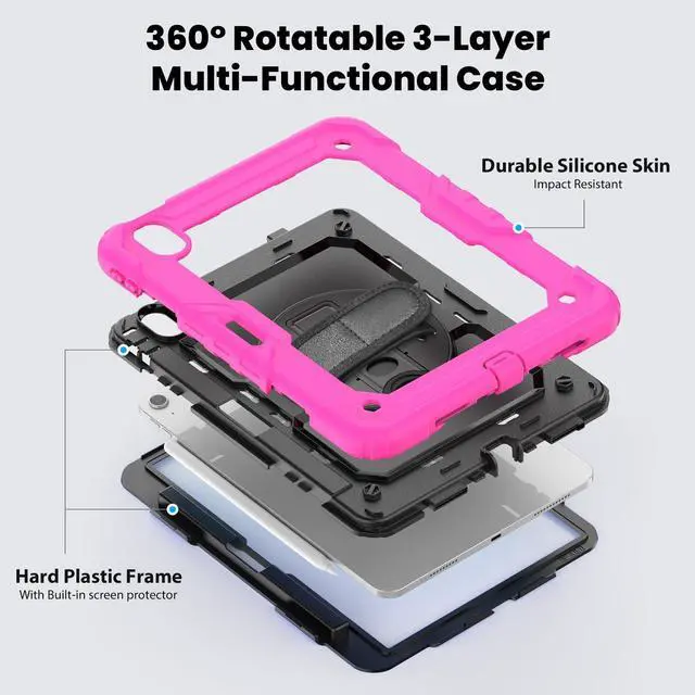 Alt view image 3 of 7 - Heavy Duty Shockproof Protective Case with Screen Protector, 360° Rotating Stand, Hand & Shoulder Strap for iPad Air 11-inch M3 (2025) / M2 (2024), iPad Air 5th / 4th Gen 10.9 Inch,Rose