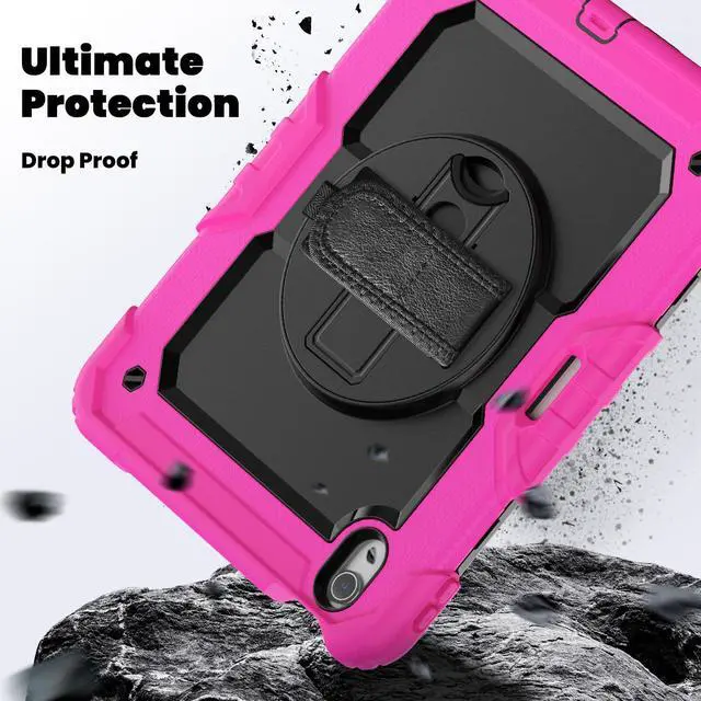 Alt view image 4 of 7 - Heavy Duty Shockproof Protective Case with Screen Protector, 360° Rotating Stand, Hand & Shoulder Strap for iPad Air 11-inch M3 (2025) / M2 (2024), iPad Air 5th / 4th Gen 10.9 Inch,Rose