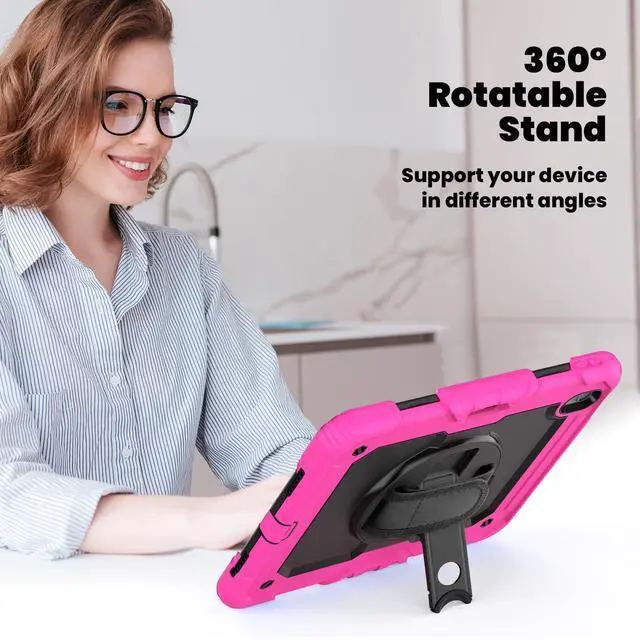 Alt view image 5 of 7 - Heavy Duty Shockproof Protective Case with Screen Protector, 360° Rotating Stand, Hand & Shoulder Strap for iPad Air 11-inch M3 (2025) / M2 (2024), iPad Air 5th / 4th Gen 10.9 Inch,Rose