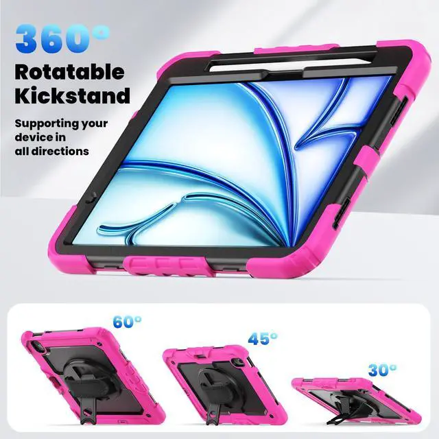 Alt view image 6 of 7 - Heavy Duty Shockproof Protective Case with Screen Protector, 360° Rotating Stand, Hand & Shoulder Strap for iPad Air 11-inch M3 (2025) / M2 (2024), iPad Air 5th / 4th Gen 10.9 Inch,Rose