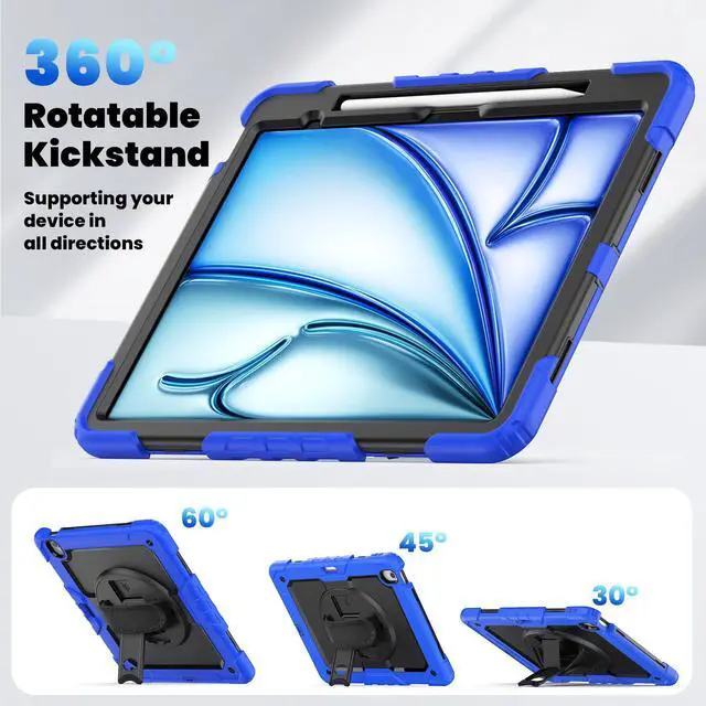Alt view image 6 of 7 - Heavy Duty Shockproof Protective Case with Screen Protector, 360° Rotating Stand, Hand & Shoulder Strap for iPad Air 13-inch M3 (2025) / M2 (2024) & iPad Pro 12.9-inch, Blue