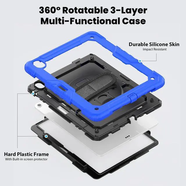 Alt view image 3 of 7 - Heavy Duty Shockproof Protective Case with Screen Protector, 360° Rotating Stand, Hand & Shoulder Strap for iPad Air 13-inch M3 (2025) / M2 (2024) & iPad Pro 12.9-inch, Blue