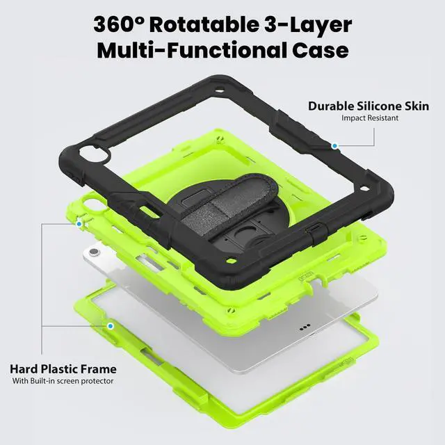 Alt view image 3 of 7 - Heavy Duty Shockproof Protective Case with Screen Protector, 360° Rotating Stand, Hand & Shoulder Strap for iPad Air 13-inch M3 (2025) / M2 (2024) & iPad Pro 12.9-inch, GreenPC
