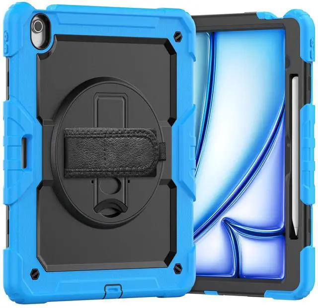 Main image of Heavy Duty Shockproof Protective Case with Screen Protector, 360° Rotating Stand, Hand & Shoulder Strap for iPad Air 13-inch M3 (2025) / M2 (2024) & iPad Pro 12.9-inch, Light Blue