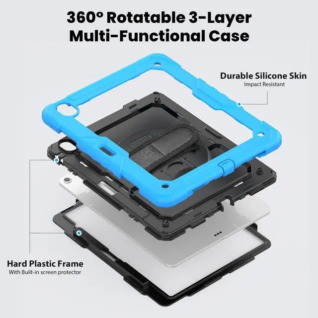 Alt view image 3 of 7 - Heavy Duty Shockproof Protective Case with Screen Protector, 360° Rotating Stand, Hand & Shoulder Strap for iPad Air 13-inch M3 (2025) / M2 (2024) & iPad Pro 12.9-inch, Light Blue