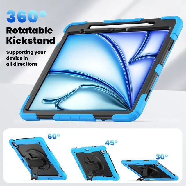 Alt view image 6 of 7 - Heavy Duty Shockproof Protective Case with Screen Protector, 360° Rotating Stand, Hand & Shoulder Strap for iPad Air 13-inch M3 (2025) / M2 (2024) & iPad Pro 12.9-inch, Light Blue