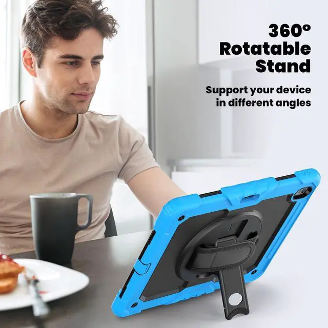 Alt view image 5 of 7 - Heavy Duty Shockproof Protective Case with Screen Protector, 360° Rotating Stand, Hand & Shoulder Strap for iPad Air 13-inch M3 (2025) / M2 (2024) & iPad Pro 12.9-inch, Light Blue