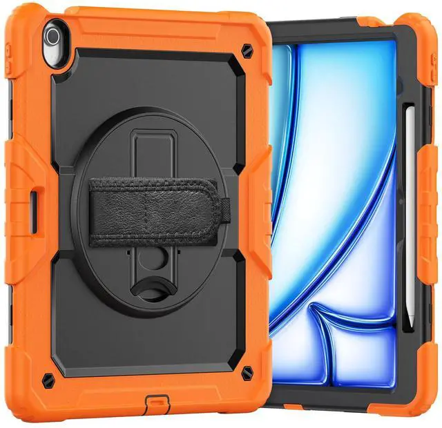 Main image of Heavy Duty Shockproof Protective Case with Screen Protector, 360° Rotating Stand, Hand & Shoulder Strap for iPad Air 13-inch M3 (2025) / M2 (2024) & iPad Pro 12.9-inch, Orange