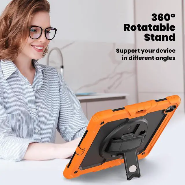 Alt view image 5 of 7 - Heavy Duty Shockproof Protective Case with Screen Protector, 360° Rotating Stand, Hand & Shoulder Strap for iPad Air 13-inch M3 (2025) / M2 (2024) & iPad Pro 12.9-inch, Orange