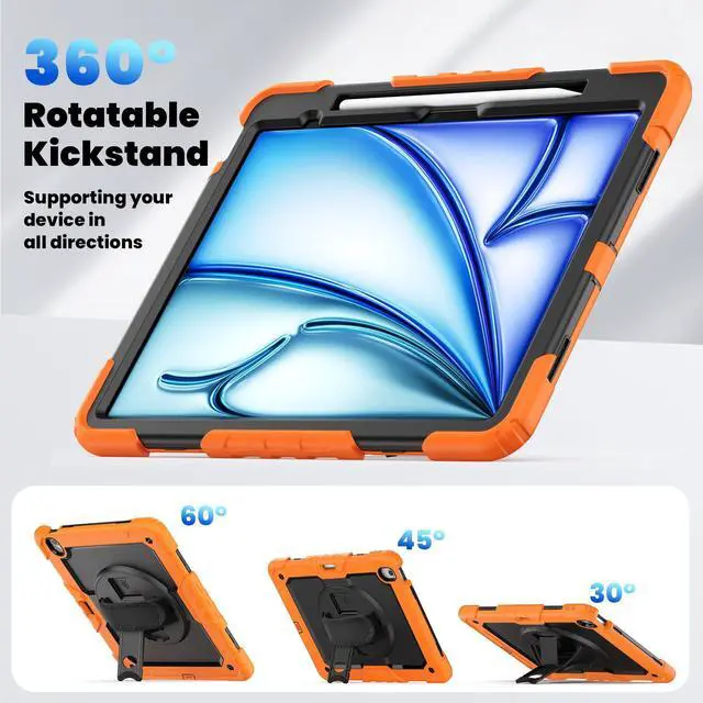 Alt view image 6 of 7 - Heavy Duty Shockproof Protective Case with Screen Protector, 360° Rotating Stand, Hand & Shoulder Strap for iPad Air 13-inch M3 (2025) / M2 (2024) & iPad Pro 12.9-inch, Orange