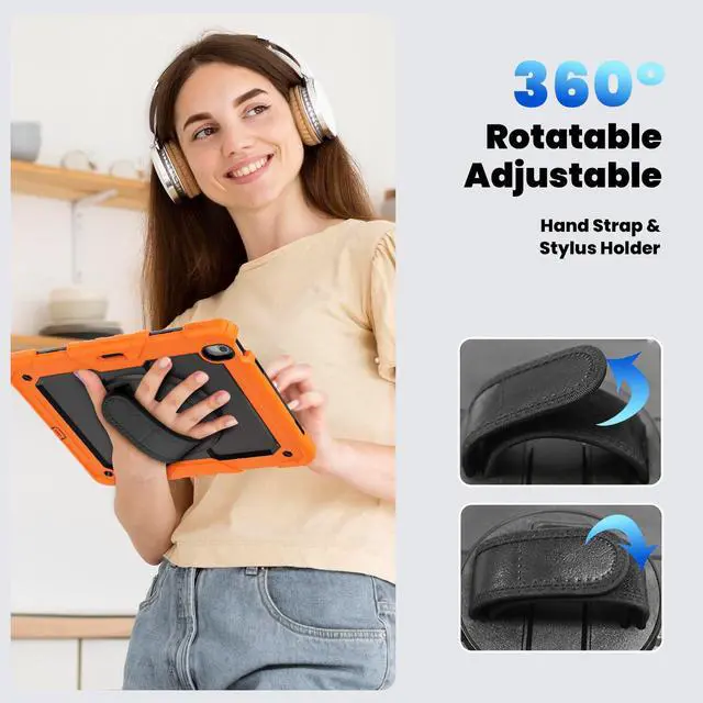 Alt view image 7 of 7 - Heavy Duty Shockproof Protective Case with Screen Protector, 360° Rotating Stand, Hand & Shoulder Strap for iPad Air 13-inch M3 (2025) / M2 (2024) & iPad Pro 12.9-inch, Orange