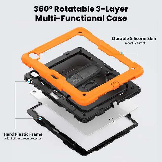 Alt view image 3 of 7 - Heavy Duty Shockproof Protective Case with Screen Protector, 360° Rotating Stand, Hand & Shoulder Strap for iPad Air 13-inch M3 (2025) / M2 (2024) & iPad Pro 12.9-inch, Orange