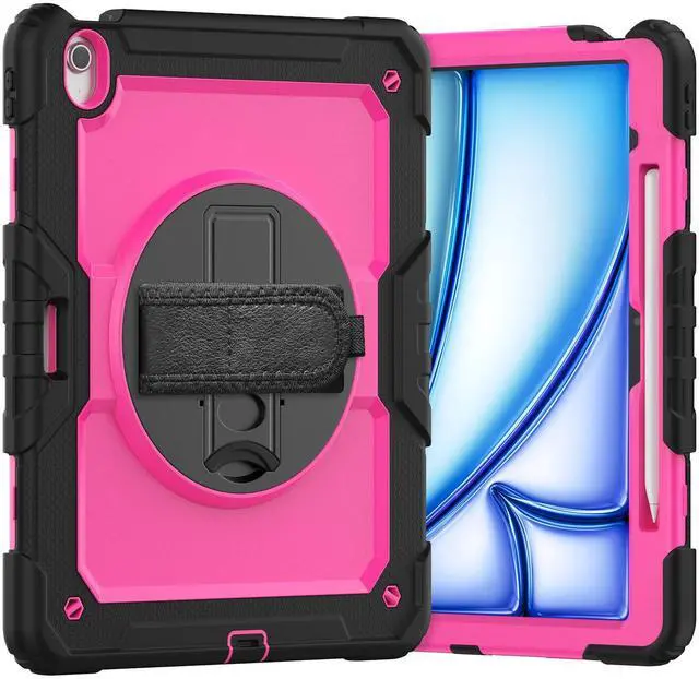 Main image of Heavy Duty Shockproof Protective Case with Screen Protector, 360° Rotating Stand, Hand & Shoulder Strap for iPad Air 13-inch M3 (2025) / M2 (2024) & iPad Pro 12.9-inch, RosePC