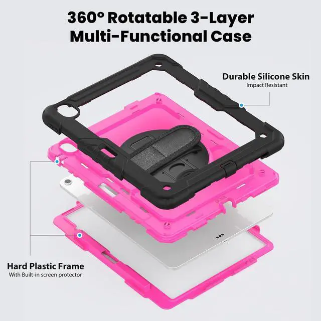 Alt view image 3 of 7 - Heavy Duty Shockproof Protective Case with Screen Protector, 360° Rotating Stand, Hand & Shoulder Strap for iPad Air 13-inch M3 (2025) / M2 (2024) & iPad Pro 12.9-inch, RosePC