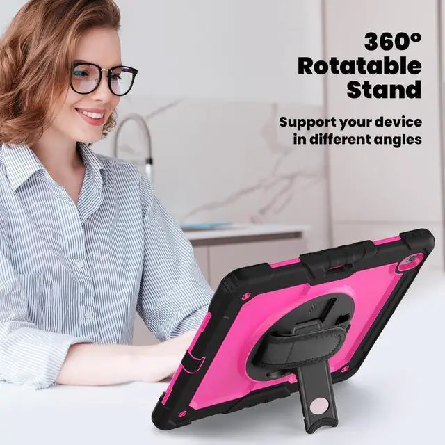 Alt view image 5 of 7 - Heavy Duty Shockproof Protective Case with Screen Protector, 360° Rotating Stand, Hand & Shoulder Strap for iPad Air 13-inch M3 (2025) / M2 (2024) & iPad Pro 12.9-inch, RosePC