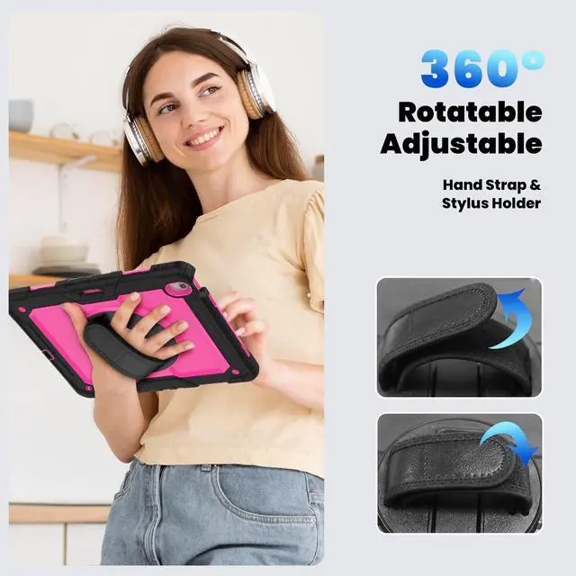 Alt view image 7 of 7 - Heavy Duty Shockproof Protective Case with Screen Protector, 360° Rotating Stand, Hand & Shoulder Strap for iPad Air 13-inch M3 (2025) / M2 (2024) & iPad Pro 12.9-inch, RosePC