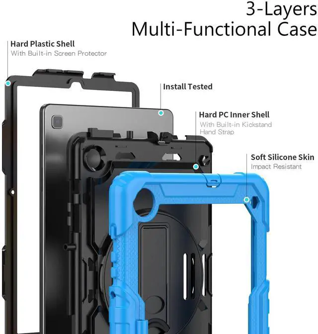 Alt view image 3 of 7 - Heavy Duty Shockproof Protective Case with Screen Protector, 360° Rotating Stand, Hand & Shoulder Strap for Samsung Galaxy Tab S6 Lite 10.4'', SM-P620/P625/P613/P619/P610/P615, Light Blue