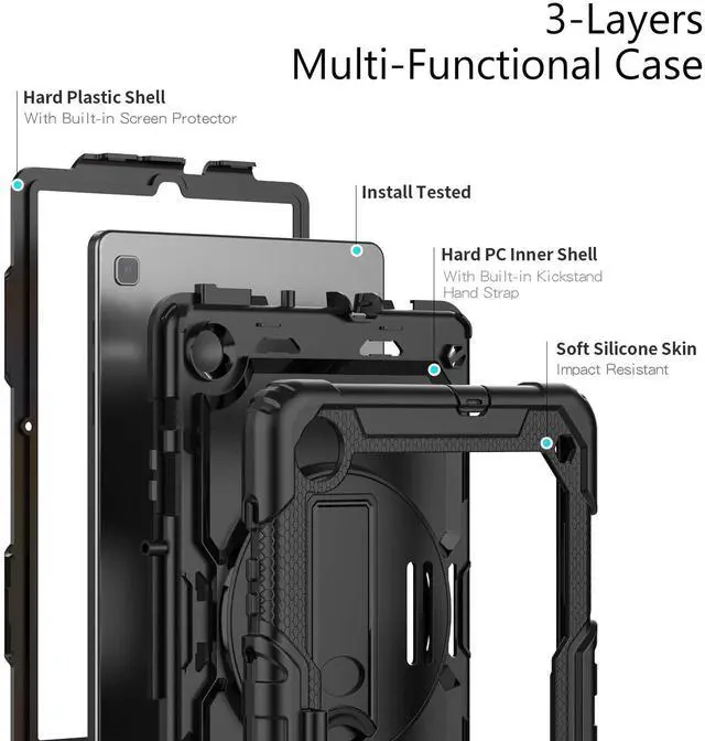 Alt view image 3 of 7 - Heavy Duty Shockproof Protective Case with Screen Protector, 360° Rotating Stand, Hand & Shoulder Strap for Samsung Galaxy Tab S6 Lite 10.4'', SM-P620/P625/P613/P619/P610/P615, Black