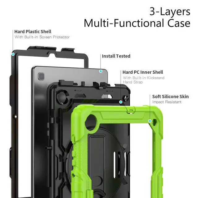 Alt view image 3 of 7 - Heavy Duty Shockproof Protective Case with Screen Protector, 360° Rotating Stand, Hand & Shoulder Strap for Samsung Galaxy Tab S6 Lite 10.4'', SM-P620/P625/P613/P619/P610/P615, Green